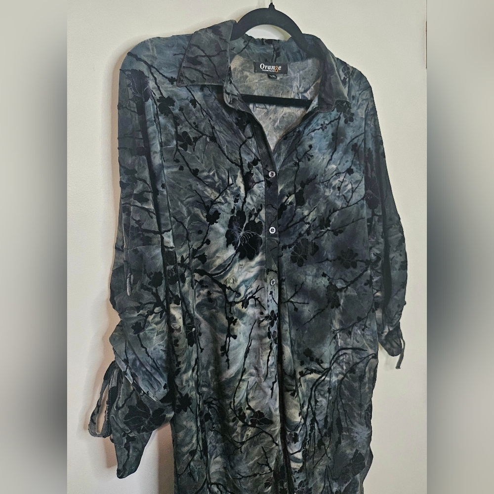 Blue Tie Die With Black Velvet Florals Orange Button Down Tunic Top